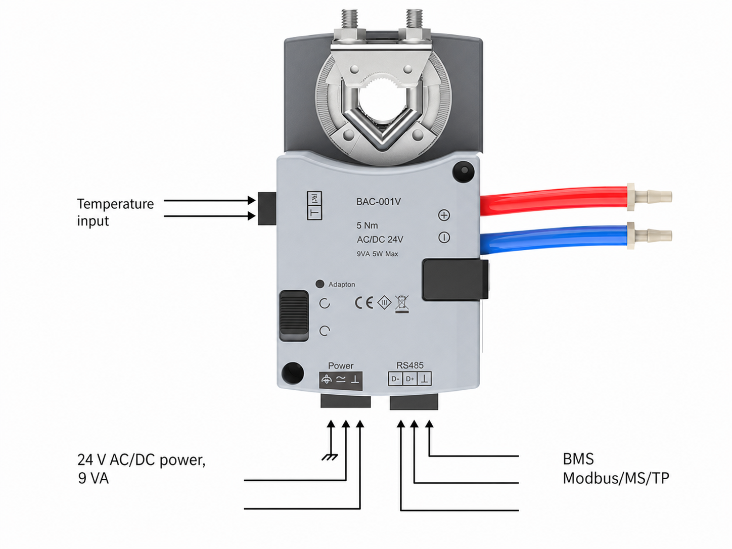 BAC001 VAV controller temperature input 24 V power and RS-485 BMS connection points