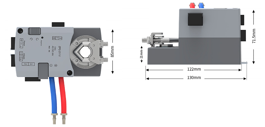 ZPC211 zone pressure and airflow controller reference dimensions and actuator envelope