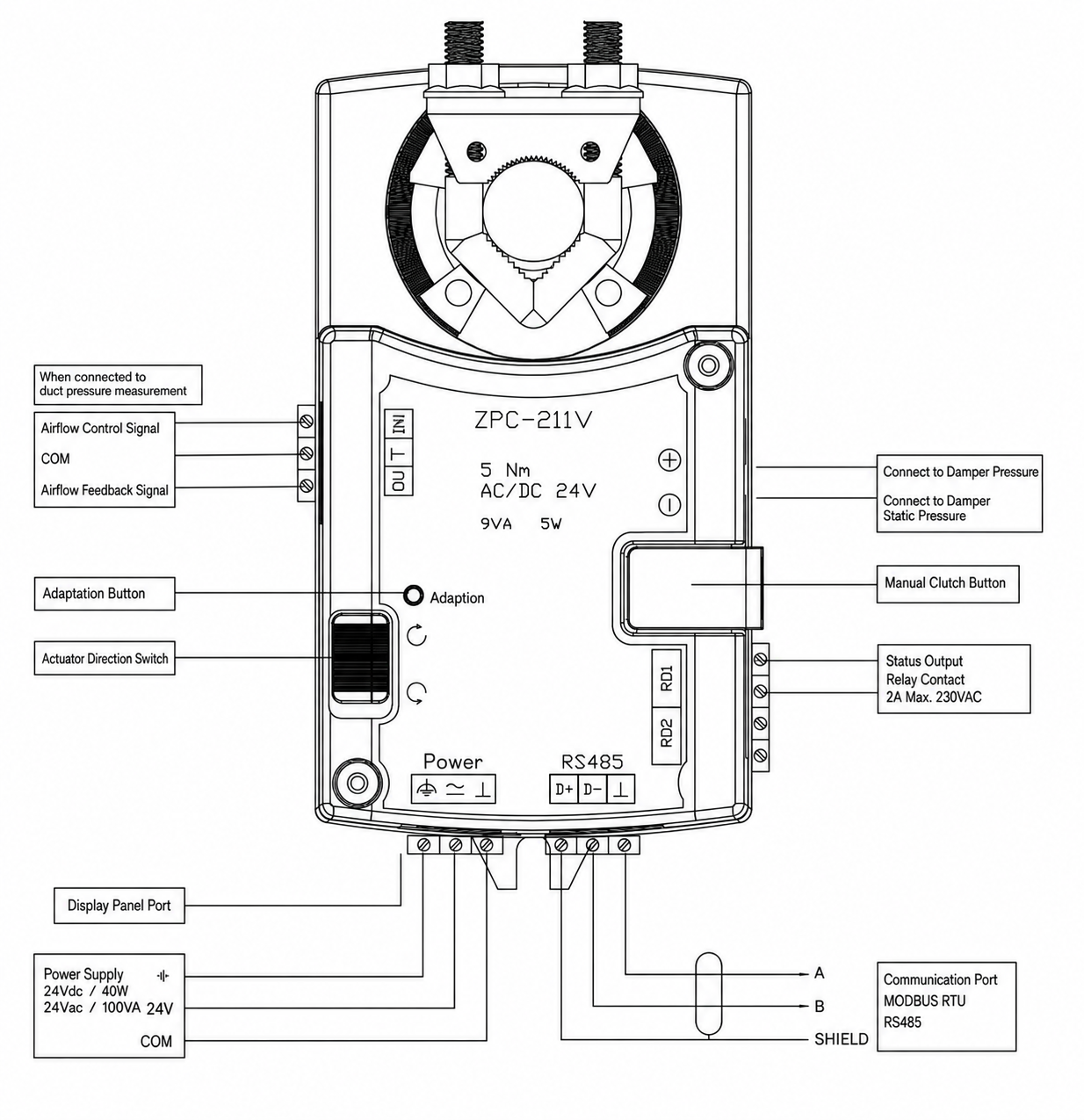 ZPC211 controller wiring for airflow signals, pressure tubing, relay outputs and RS-485 Modbus RTU