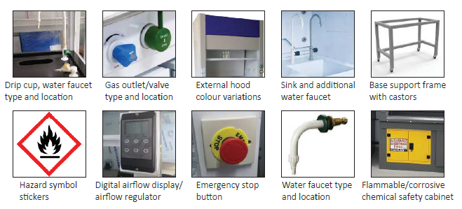 Acid digestion fume hood utility control base and storage configuration options