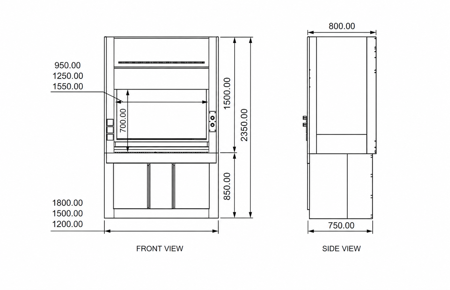 Acid digestion fume hood front and side reference dimensions