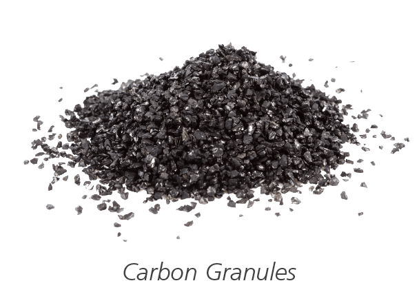 Granular activated carbon media used in a ductless fume hood molecular filter