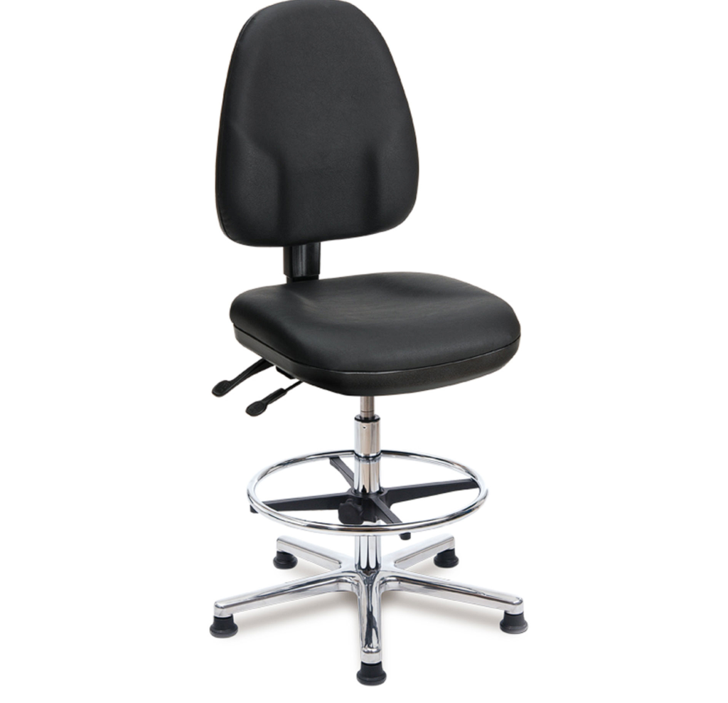 Adjustable black laboratory chair with backrest, foot ring and floor glides