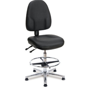 Adjustable black laboratory chair with backrest, foot ring and floor glides