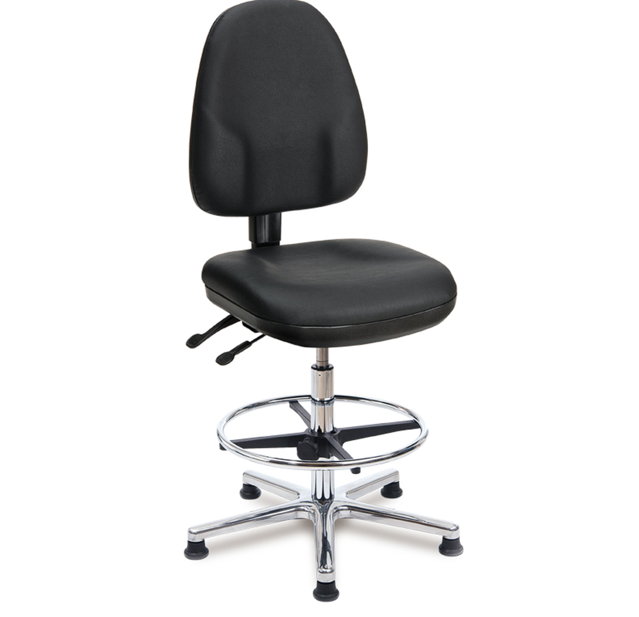 Adjustable black laboratory chair with backrest, foot ring and floor glides
