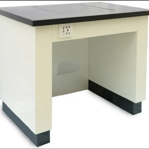 Anti-vibration balance table with black worktop, open knee space, and front power outlet