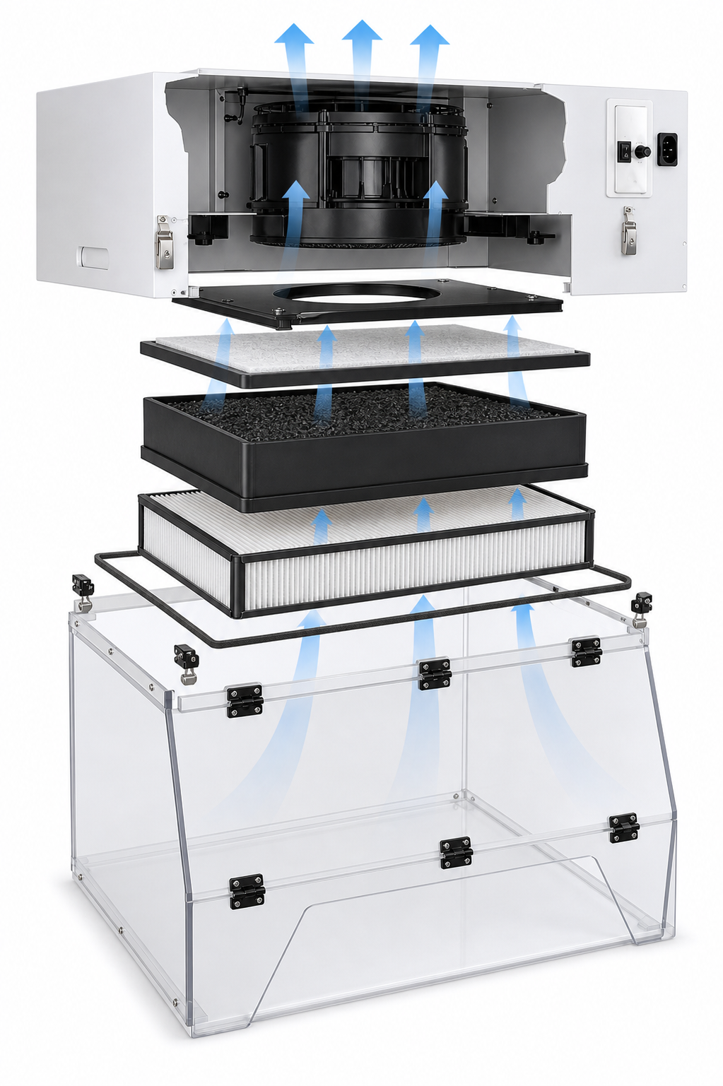 Benchtop ductless fume hood prefilter carbon and particulate filter stage layout