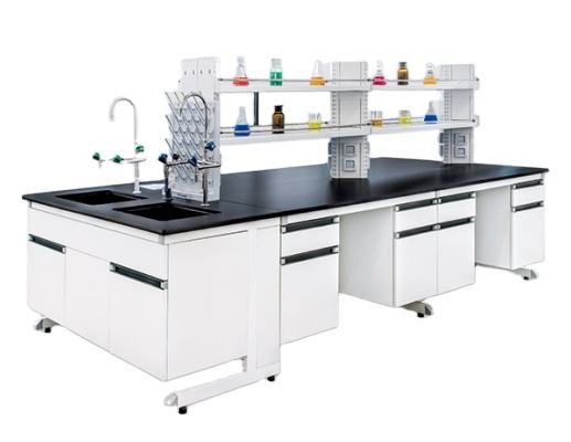 C-frame laboratory island bench with suspended storage, sink and central reagent shelves
