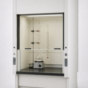 Distillation fume hood with high-clearance chamber and low work surface