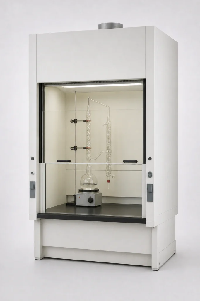 Distillation fume hood with high-clearance chamber and low work surface