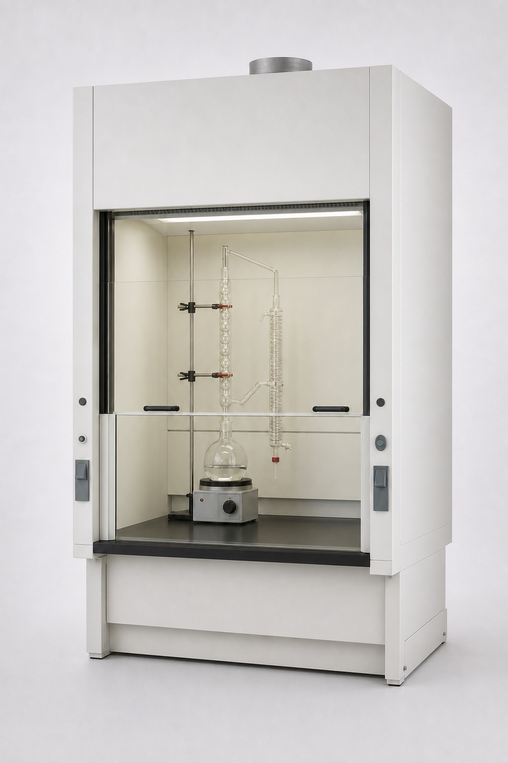Distillation fume hood with high-clearance chamber and low work surface