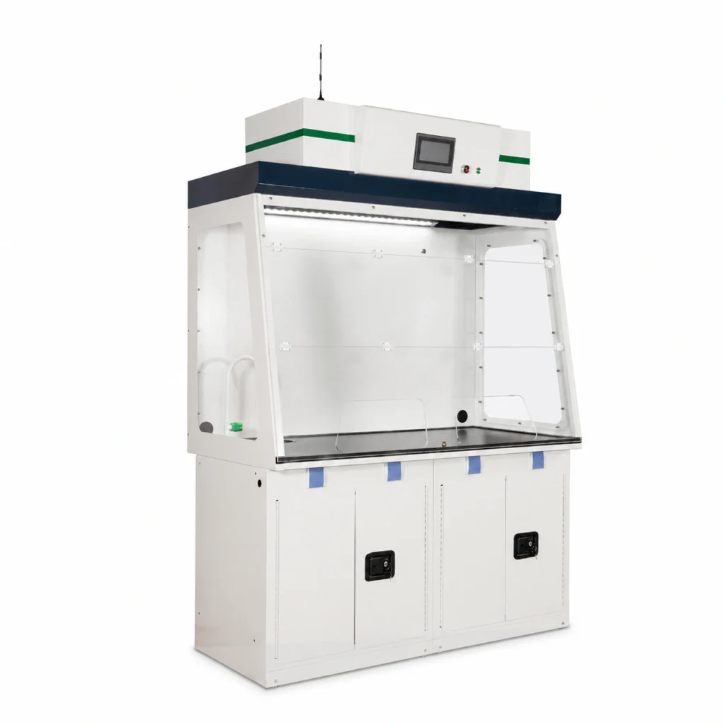 Ductless fume hood with top-mounted filtered recirculating ventilation