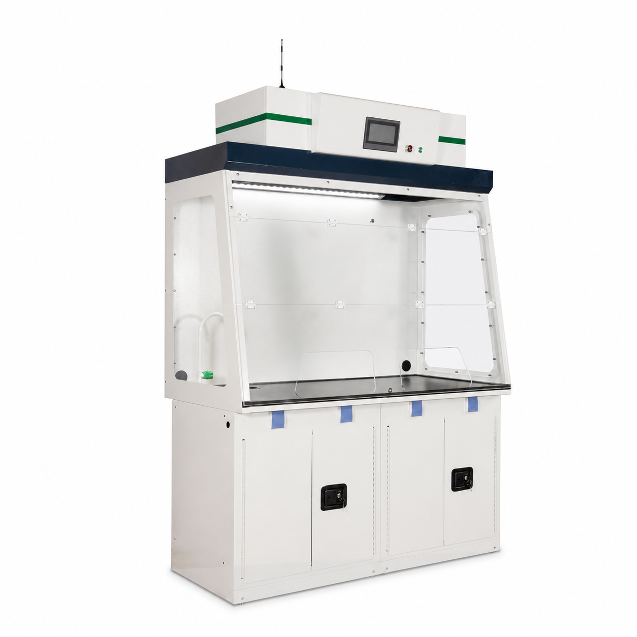 Ductless fume hood with top-mounted filtered recirculating ventilation