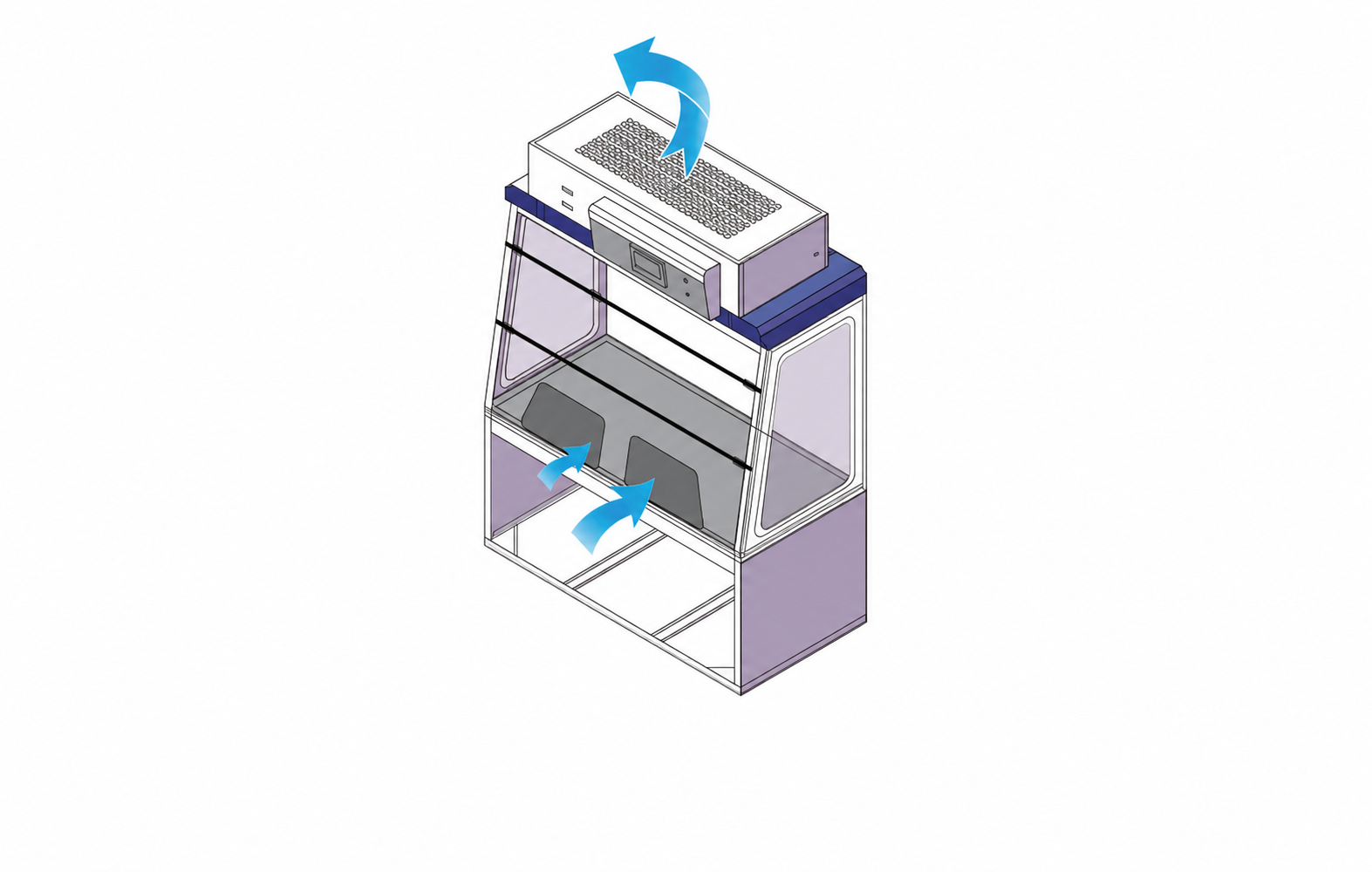 Ductless fume hood airflow entering the work opening and returning through the top filter module
