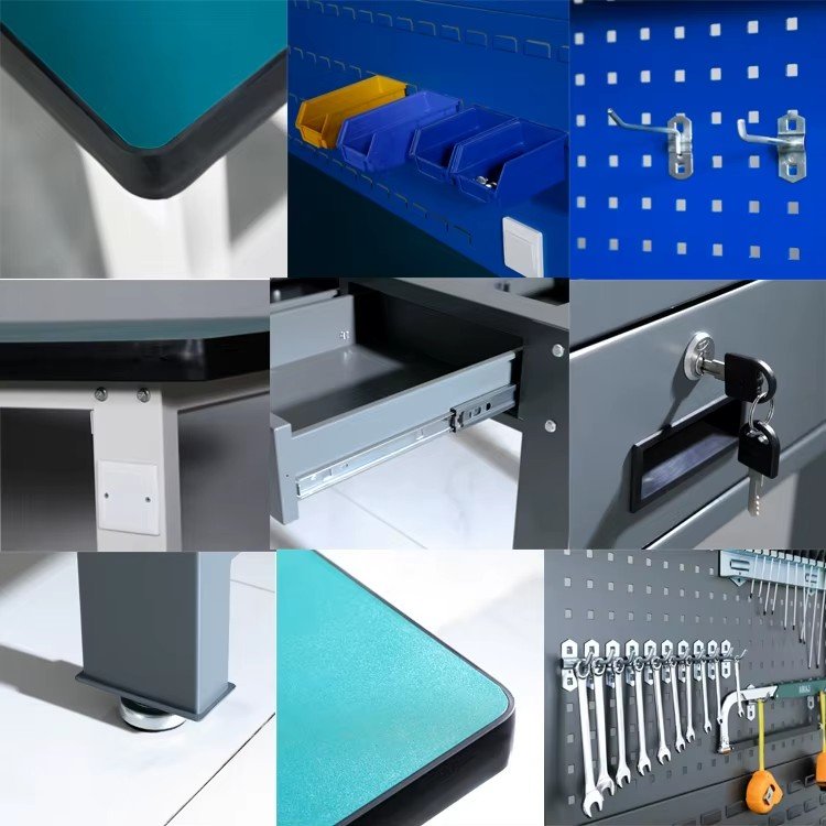 ESD lab bench accessory system with shelving, power rail and tool storage