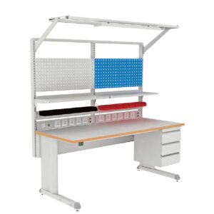 ESD lab bench with static-dissipative work surface, frame and overhead workstation accessories
