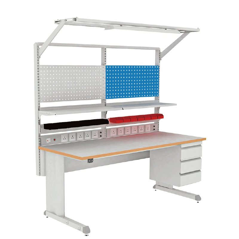 ESD lab bench with static-dissipative work surface, frame and overhead workstation accessories
