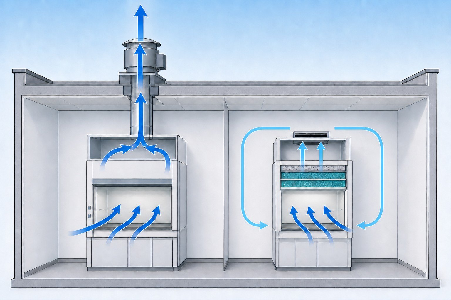 Airflow path difference: ducted fume hood exhausts outdoors, ductless fume hood filters and recirculates into the lab