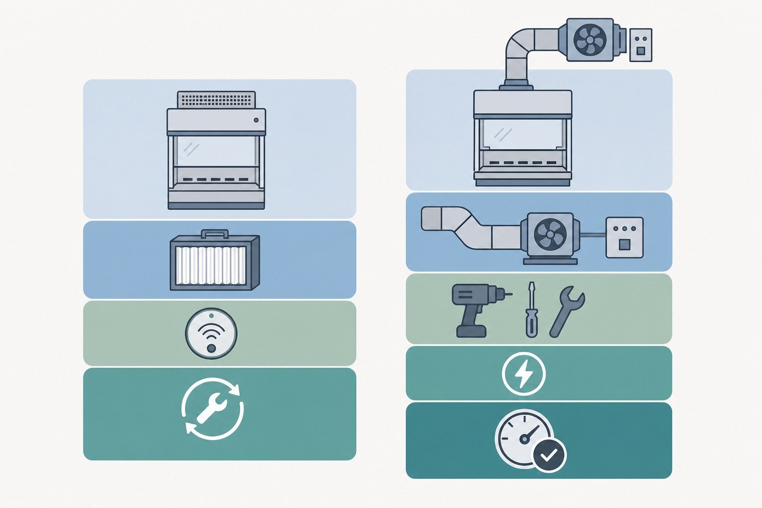 Cost structure layers of ducted vs ductless fume hood installations without price figures