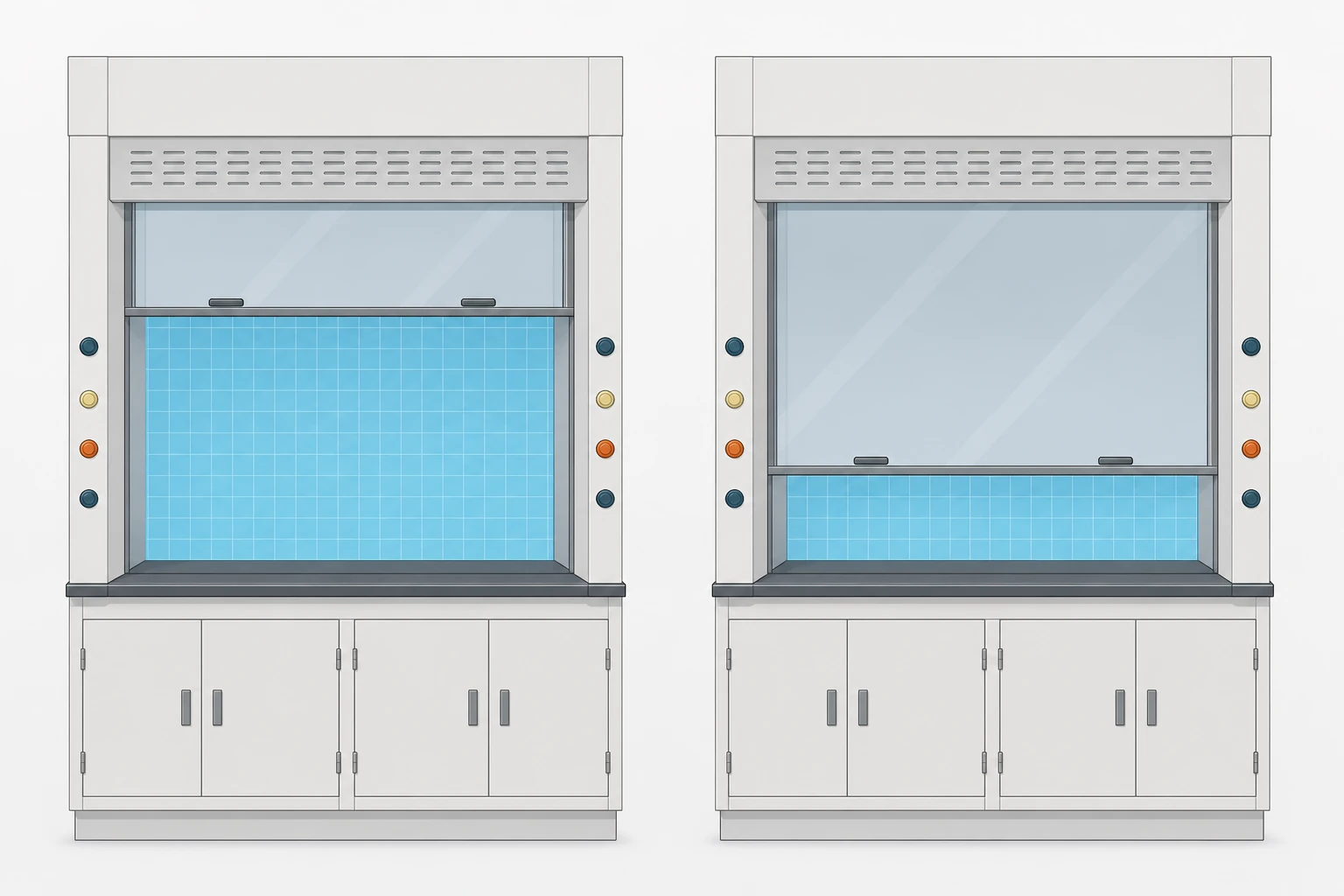 Open sash area drives the fume hood airflow calculation: net width times operating sash height