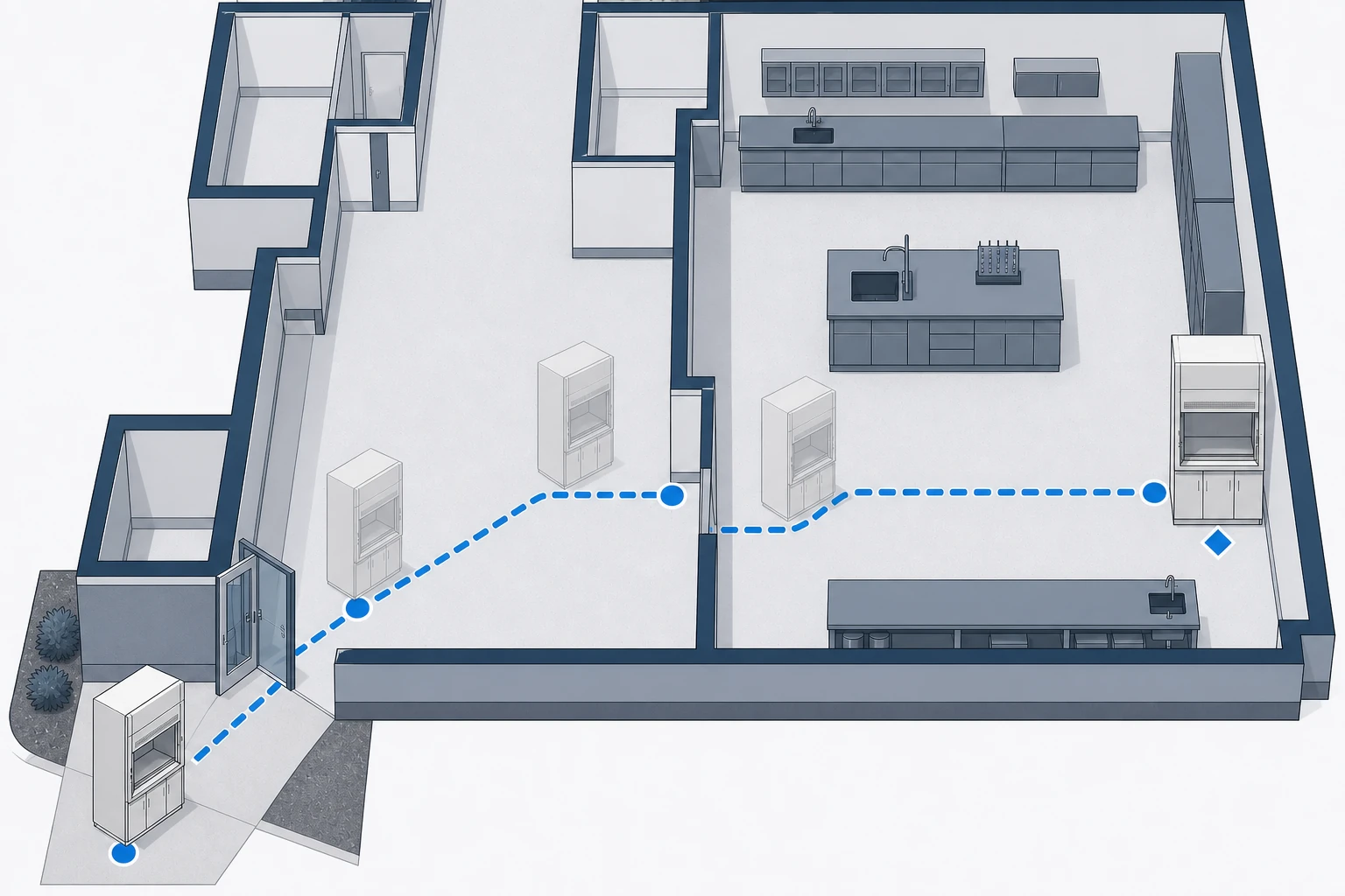 Delivery route decides whether a floor-mounted fume hood fits: doors, corridors and sectional delivery