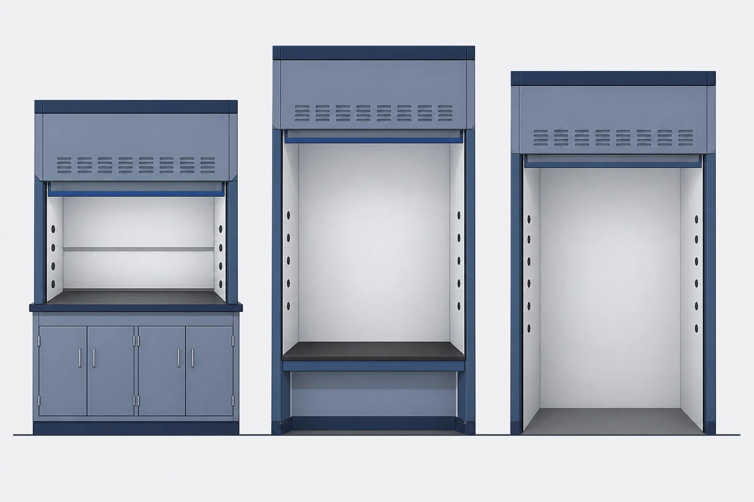 Benchtop, distillation and walk-in fume hoods differ by work surface height and internal clearance