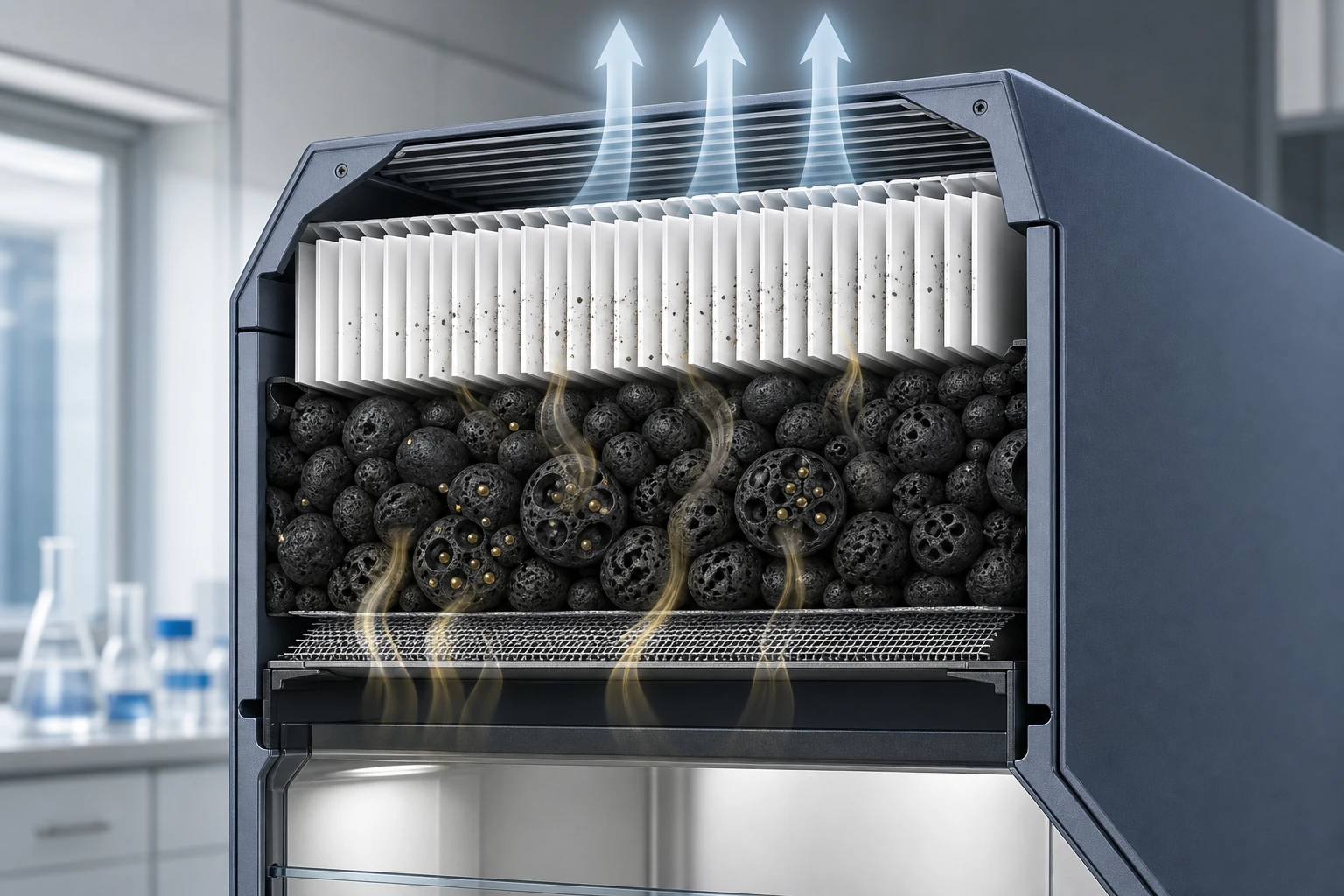Activated carbon and HEPA stages in a ductless fume hood filter train