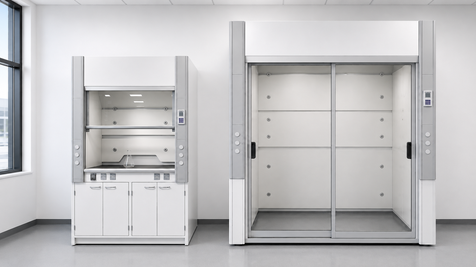 Types of fume hoods organized by exhaust and structure