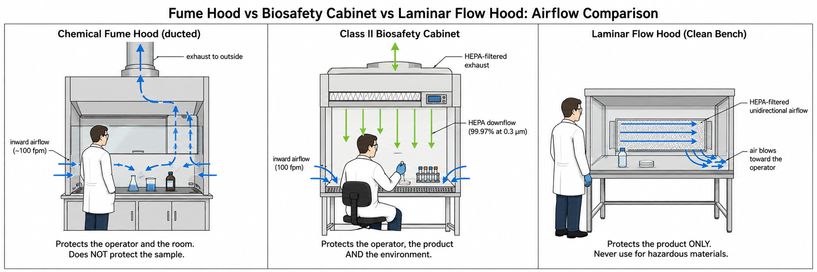 Airflow comparison between a fume hood, biosafety cabinet and laminar flow hood for laboratory containment selection