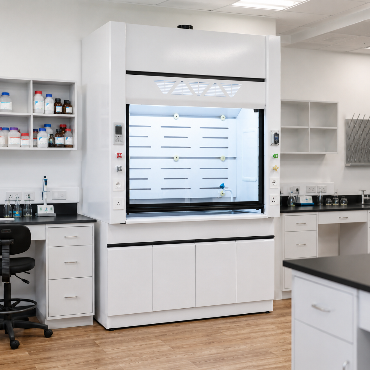General purpose steel fume hood installed in a chemical laboratory
