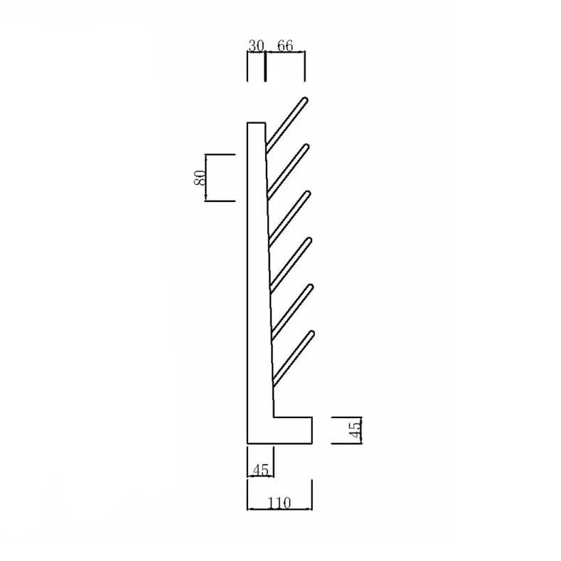Laboratory glassware drying rack side profile showing angled peg projection and panel depth