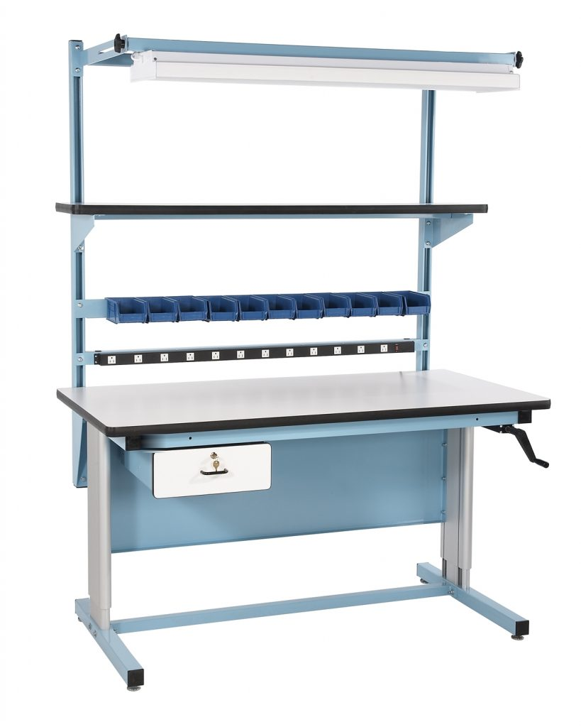 Height-adjustable laboratory bench with manual crank control and service rail