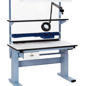 Electric height-adjustable laboratory bench with worktop, dual lift columns and service uprights