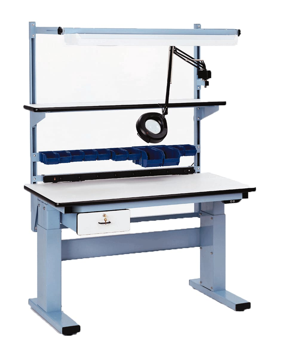 Electric height-adjustable laboratory bench with worktop, dual lift columns and service uprights