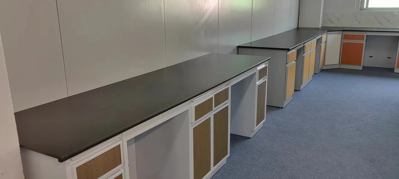Installed laboratory wall bench with continuous worktop and storage cabinets along the room perimeter