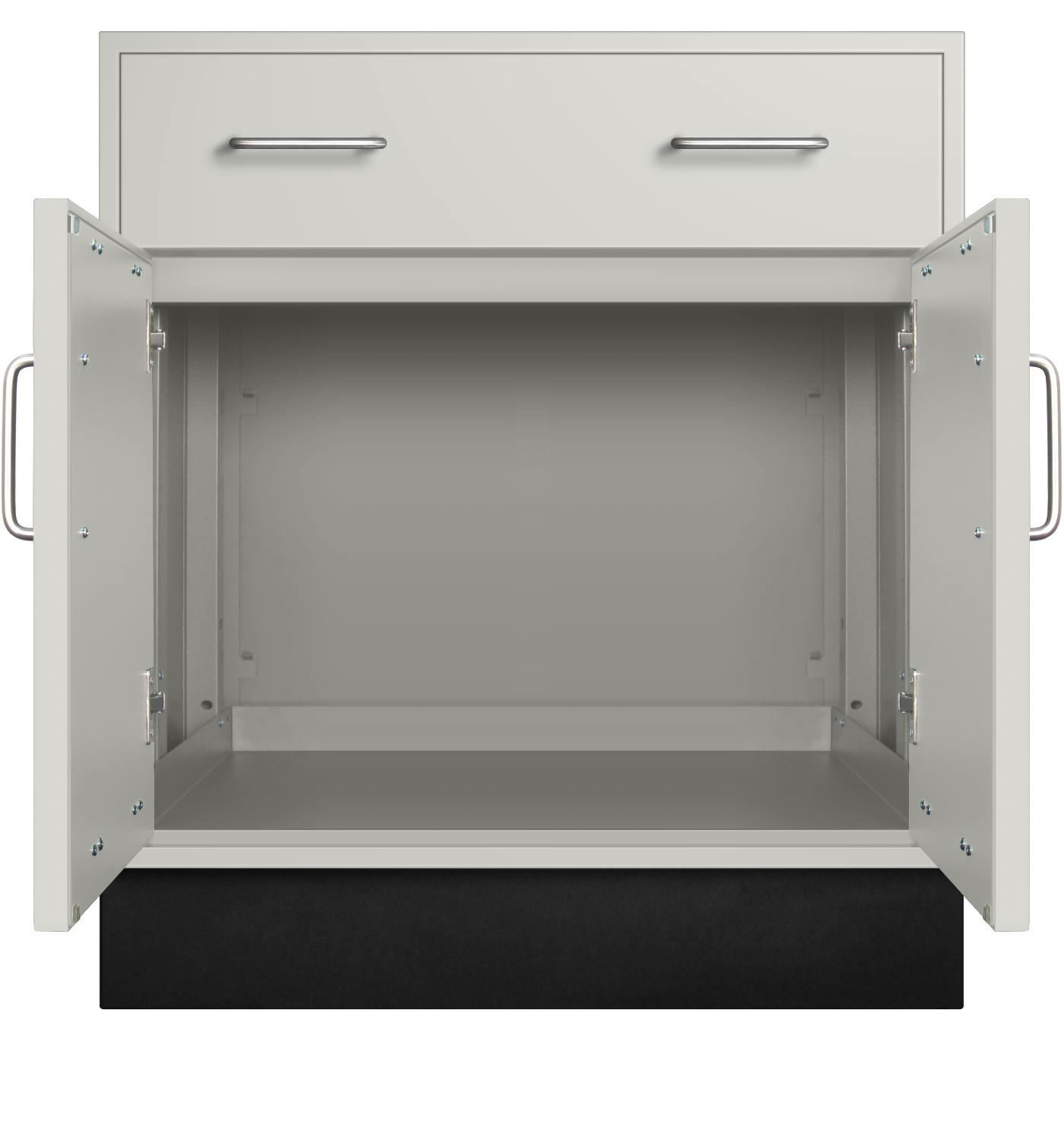 Open laboratory base cabinet showing door access and interior storage space