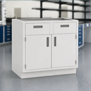 White laboratory base cabinet with two drawers and double doors
