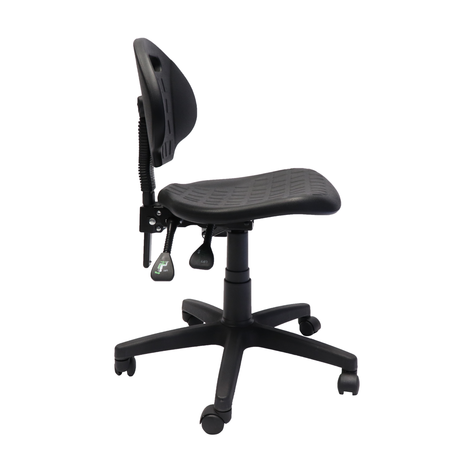 Laboratory chair base showing casters, gas lift and adjustment controls
