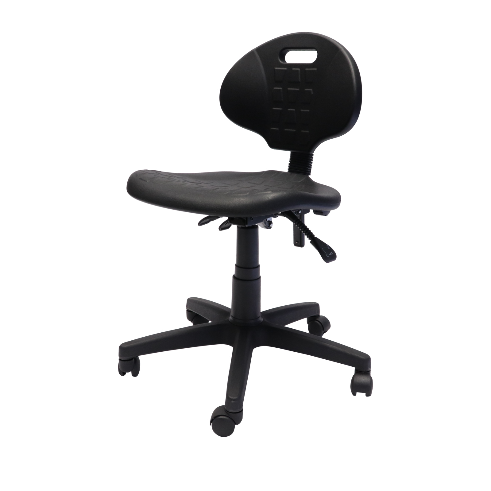 Laboratory chair side view showing adjustable seat, backrest and gas-lift arrangement