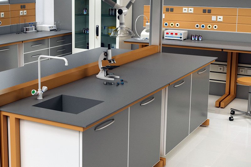 Technical ceramic laboratory work surface with integrated sink and continuous work area