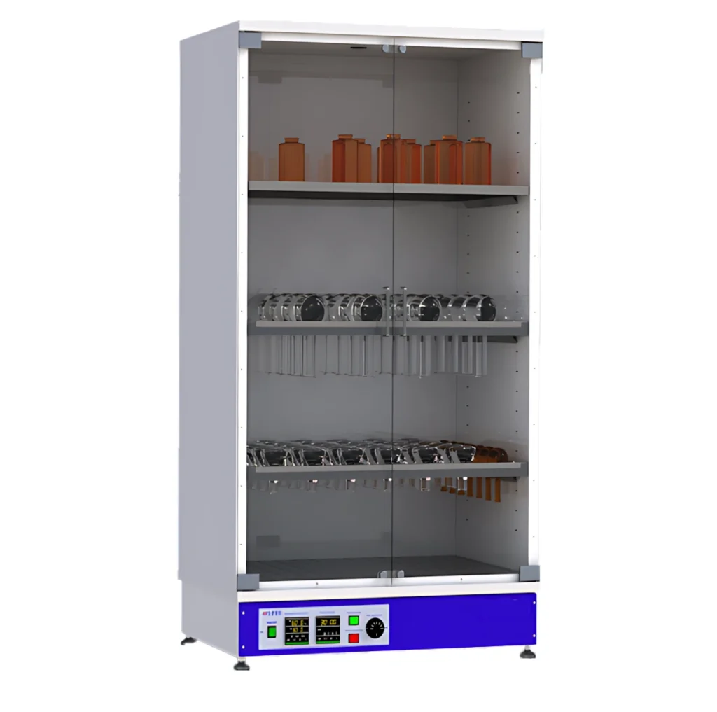 Tall laboratory glassware drying cabinet with glass doors, internal shelves and front temperature controls