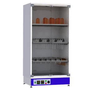 Tall laboratory glassware drying cabinet with glass doors, internal shelves and front temperature controls