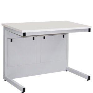 Laboratory instrument table with open steel frame, rear panel and leveling feet