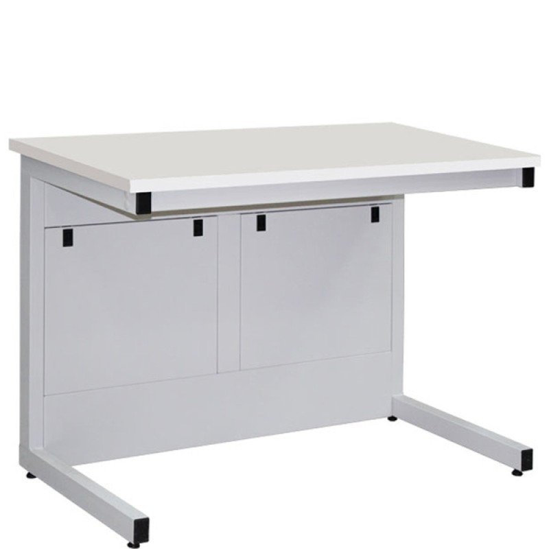 Laboratory instrument table with open steel frame, rear panel and leveling feet