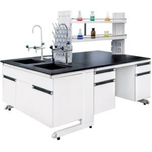 Laboratory island bench with double-sided worktop, sink, reagent shelving and storage cabinets