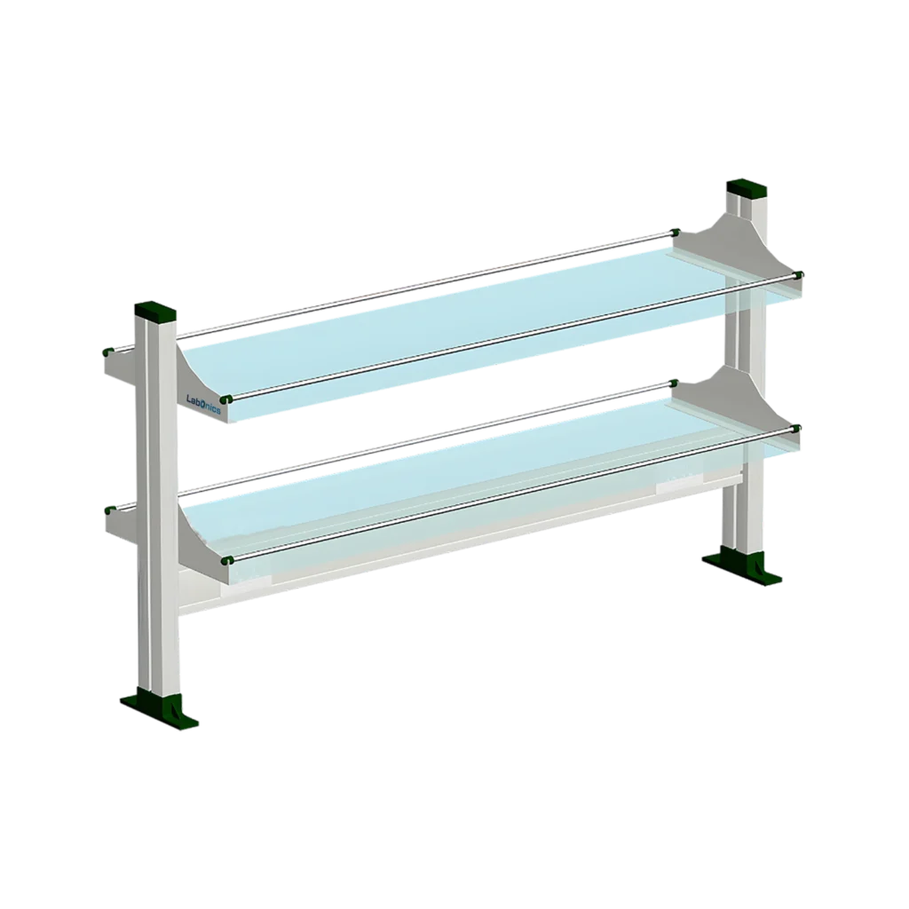 Two-tier laboratory reagent rack for a selected bench-mounted open shelving configuration