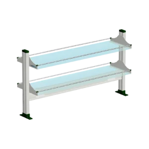 Two-tier laboratory reagent rack for a selected bench-mounted open shelving configuration