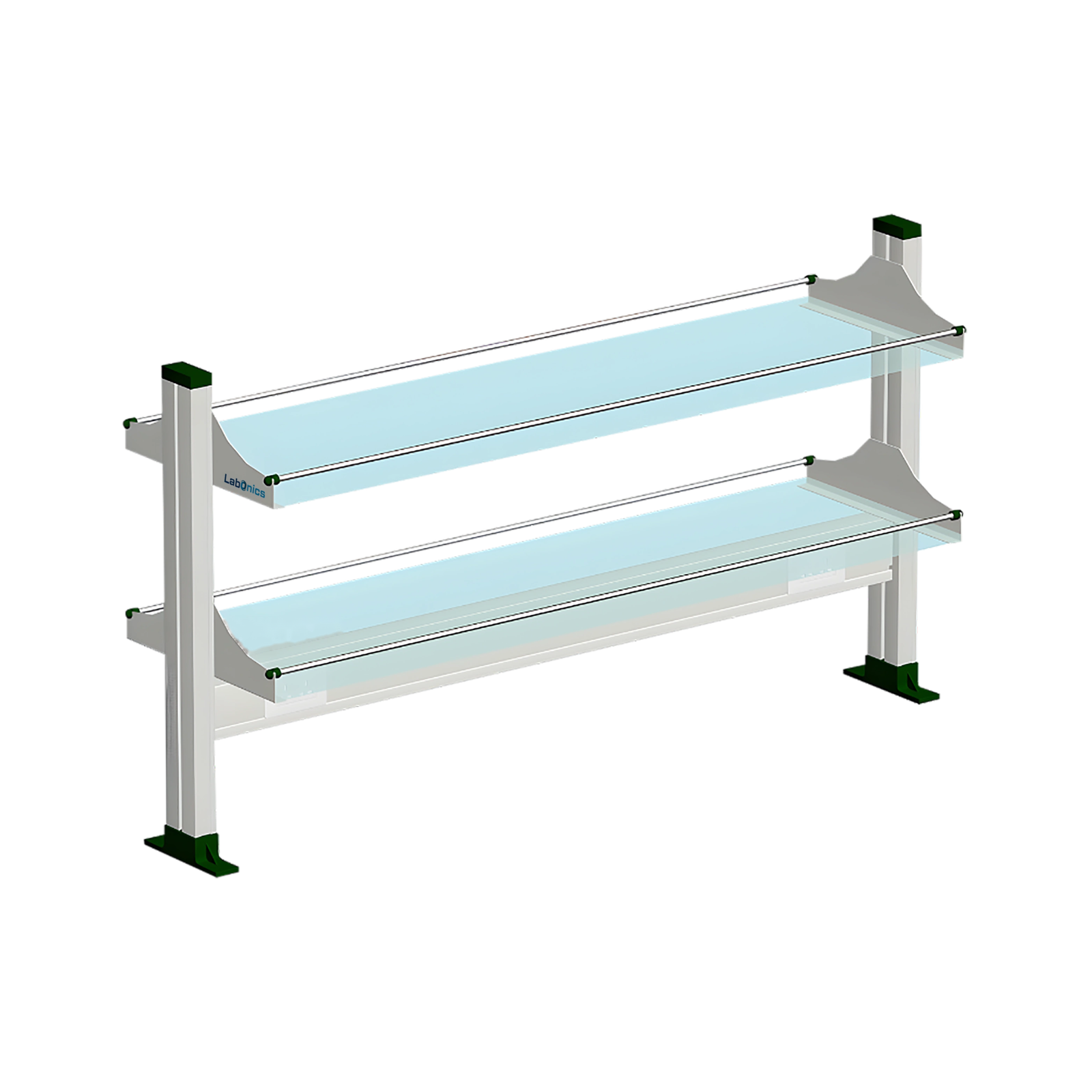 Two-tier laboratory reagent rack for a selected bench-mounted open shelving configuration
