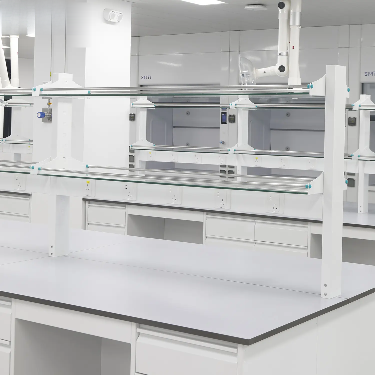 Laboratory reagent rack with multiple upright and shelf-support positions on a bench run