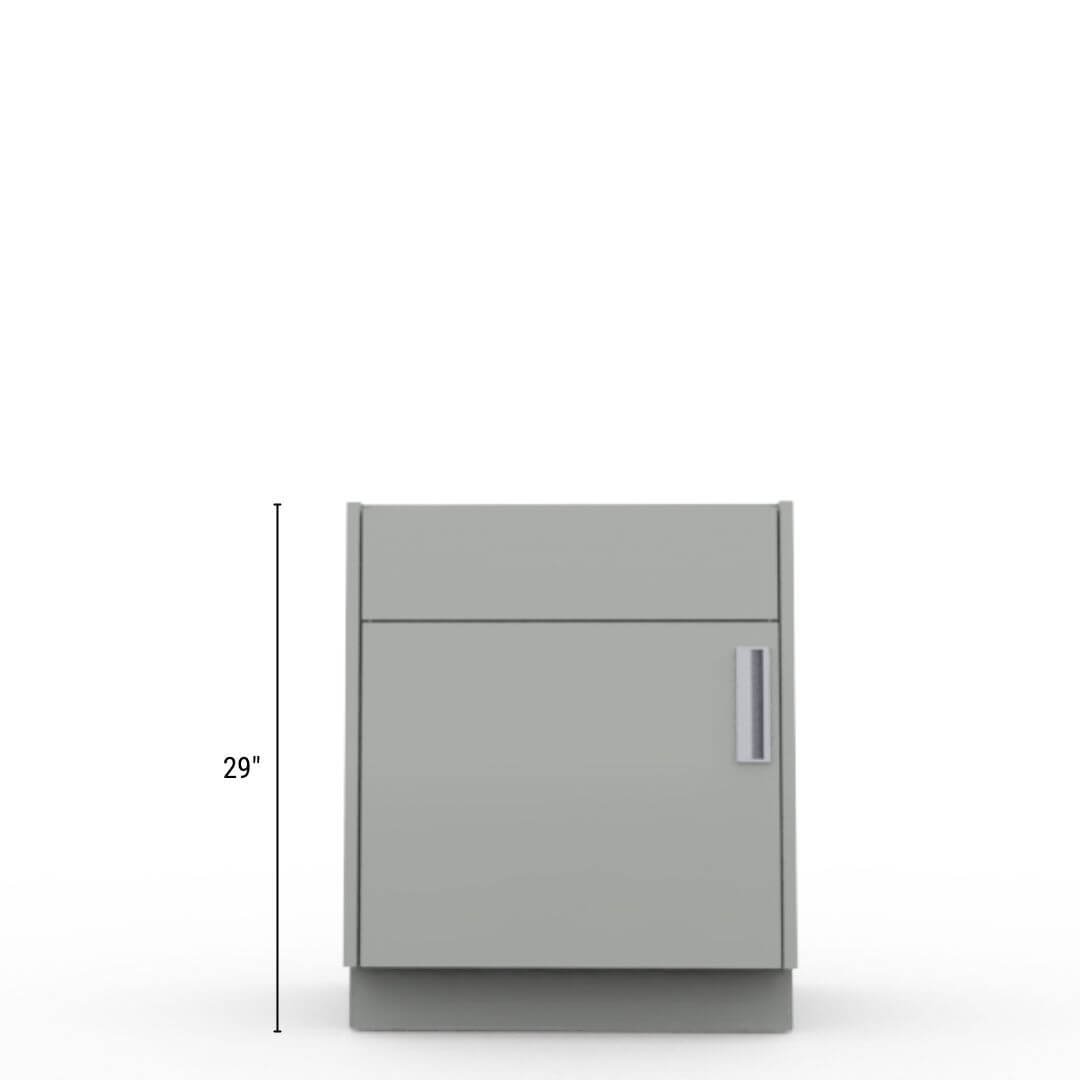 Reference under-counter height for a single-door laboratory sink base cabinet